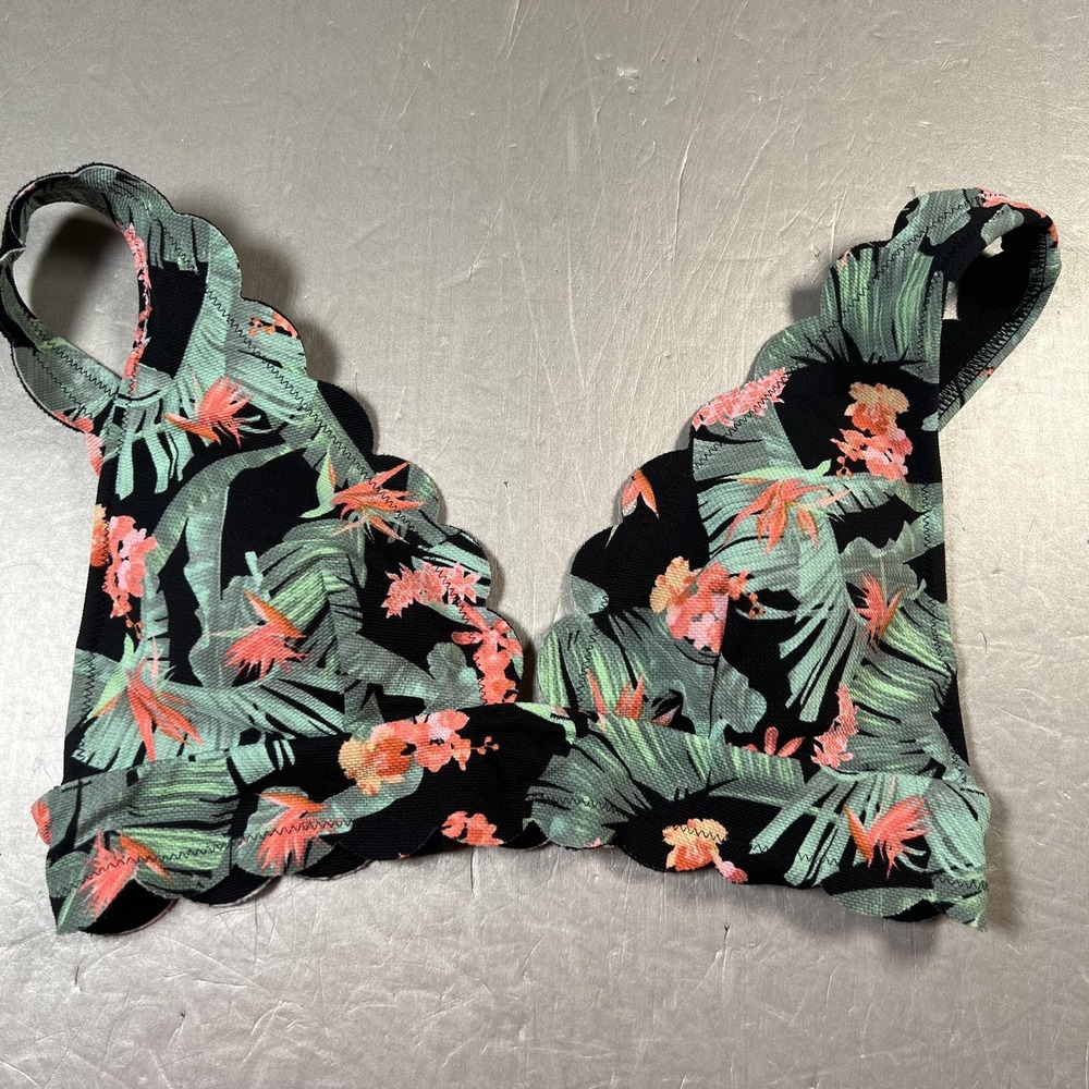 Victoria's Secret Swim Womens Small Black Tropical Floral Scallop Trim